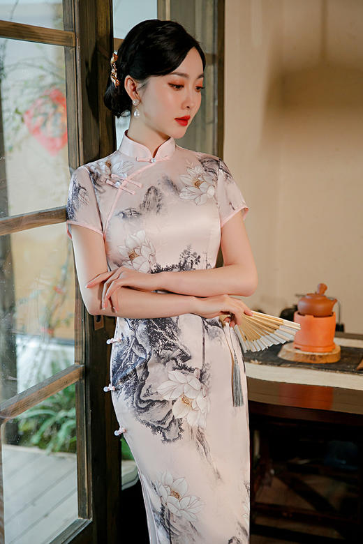 ZAYS-5112夏季长款八扣立领旗袍中国风老上海复古粉色唐装旗袍 商品图1