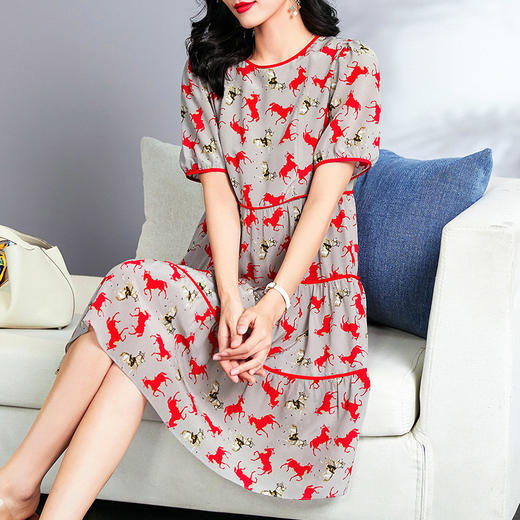 丁摩 夏季拼色真丝连衣裙优雅宽松大摆桑蚕丝裙子Q122037 商品图2