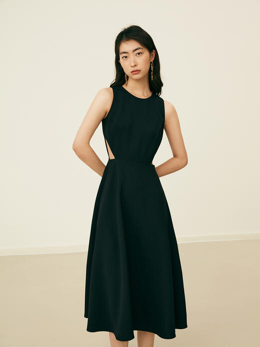 HeyDress法式复古黑色连衣裙女夏季收腰镂空设计感小黑裙大摆裙子 商品图0