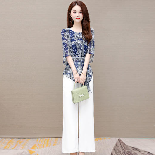 YWE JKA56修身气质优雅高档短袖印花雪纺衫阔腿裤套装 商品图2