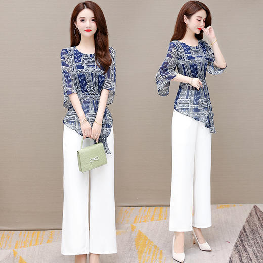 YWE JKA56修身气质优雅高档短袖印花雪纺衫阔腿裤套装 商品图3