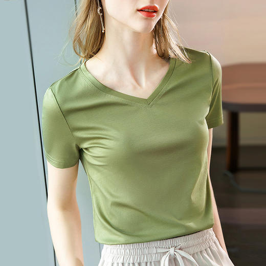 冰感丝光棉短袖t恤，气质v领纯棉体恤纯色高级感上衣SG-AL320118 商品图10