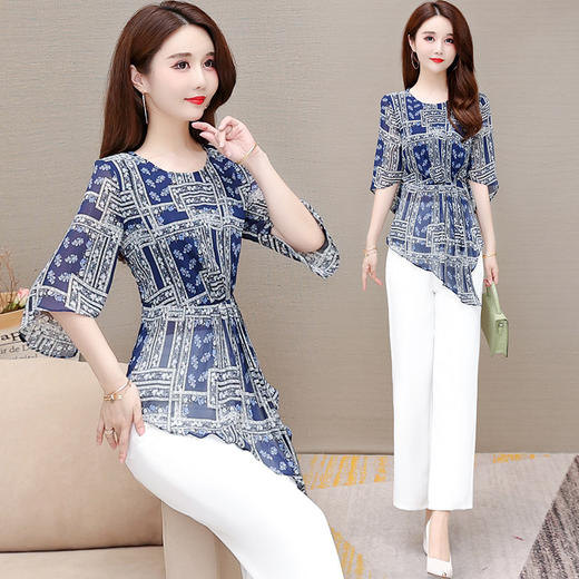 YWE JKA56修身气质优雅高档短袖印花雪纺衫阔腿裤套装 商品图0