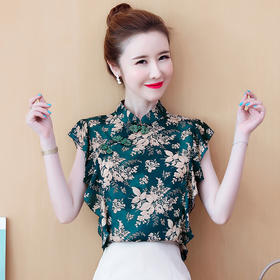 KQL- E316N8967 2022夏新款女装复古宫廷风立领盘扣荷叶边无袖仿真丝衬衫上衣