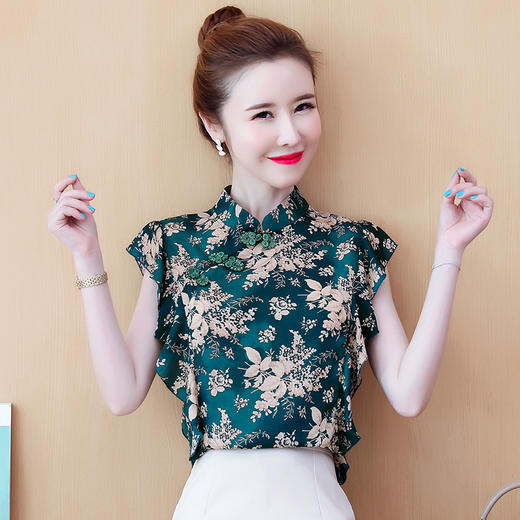 KQL- E316N8967 2022夏新款女装复古宫廷风立领盘扣荷叶边无袖仿真丝衬衫上衣 商品图0
