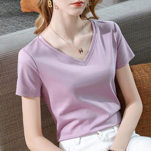 冰感丝光棉短袖t恤，气质v领纯棉体恤纯色高级感上衣SG-AL320118 商品图0