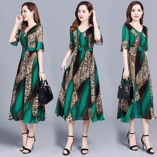 YWE YY932印花中长款连衣裙韩版修身气质优雅大码a字裙 商品图4