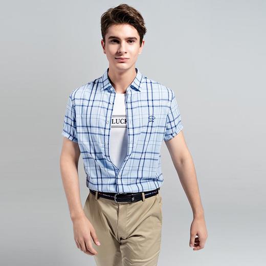GOOD LUCK/德鲨亚麻混纺干爽舒适清新大格纹休闲短袖衬衫LY11419-837 商品图5
