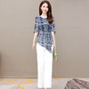 YWE JKA56修身气质优雅高档短袖印花雪纺衫阔腿裤套装 商品缩略图1