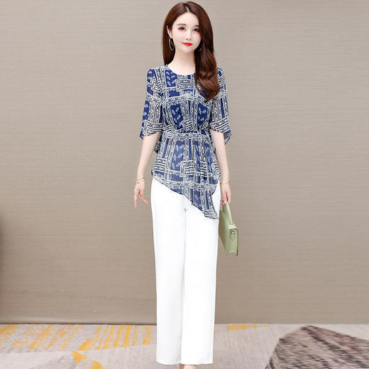 YWE JKA56修身气质优雅高档短袖印花雪纺衫阔腿裤套装 商品图1