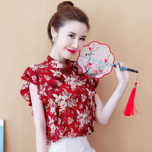 KQL- E316N8967 2022夏新款女装复古宫廷风立领盘扣荷叶边无袖仿真丝衬衫上衣 商品图3