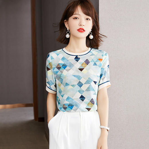 修身显瘦，设计感几何撞色印花通勤雪纺短袖T恤清凉小衫KQL-1775 商品图3