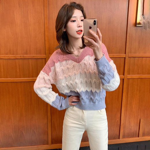 2022春装新款撞色镂空小香风冰丝针织衫女设计感小众显瘦毛衣外穿 FGYC1232 商品图4