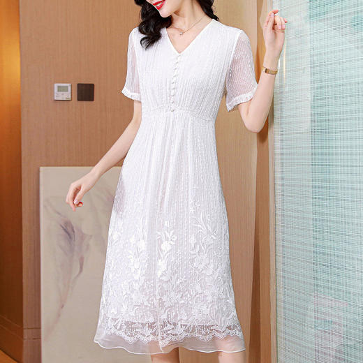 短袖薄款，刺绣V领气质减龄中长款真丝连衣裙KQN-B21010 商品图0