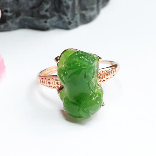 ZYZB和田玉碧玉貔貅戒指玫瑰金开口戒 商品图0