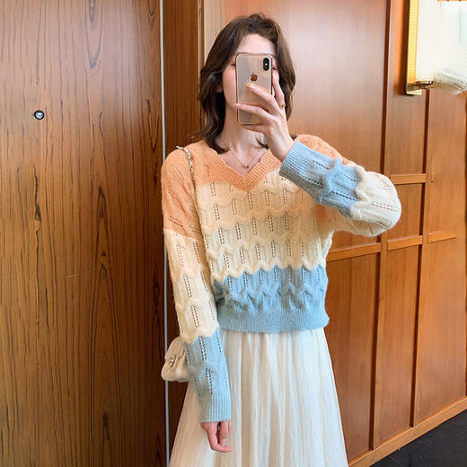 2022春装新款撞色镂空小香风冰丝针织衫女设计感小众显瘦毛衣外穿 FGYC1232 商品图2
