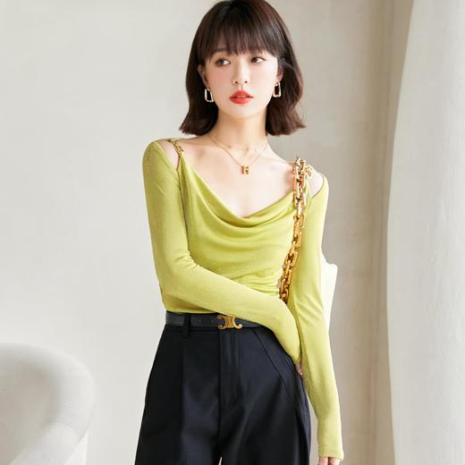 纯色修身，新款显瘦打底衫小心机露肩荡领T恤上衣KQL-1837 商品图0