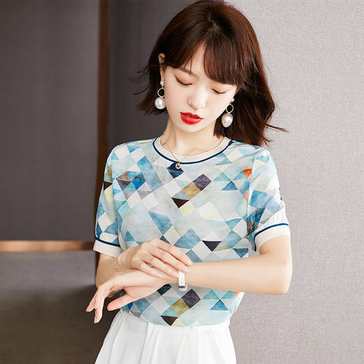 修身显瘦，设计感几何撞色印花通勤雪纺短袖T恤清凉小衫KQL-1775 商品图2