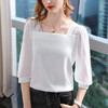 灯笼袖欧货小衫，露锁骨方领温柔风上衣雪纺衫SG-L2C0214 商品缩略图1