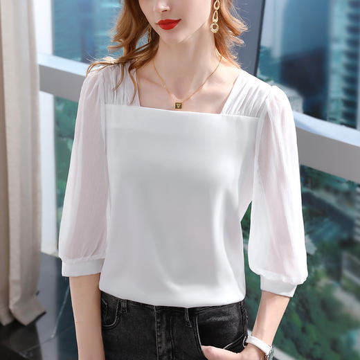 灯笼袖欧货小衫，露锁骨方领温柔风上衣雪纺衫SG-L2C0214 商品图1