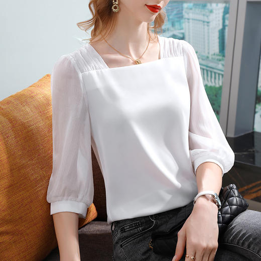 灯笼袖欧货小衫，露锁骨方领温柔风上衣雪纺衫SG-L2C0214 商品图3