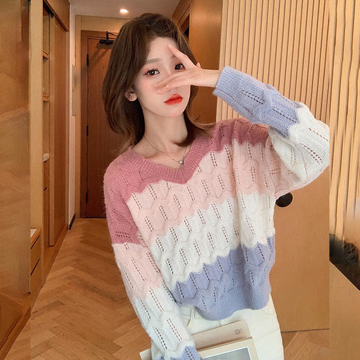 2022春装新款撞色镂空小香风冰丝针织衫女设计感小众显瘦毛衣外穿 FGYC1232 商品图0