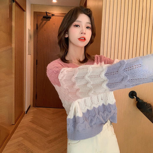 2022春装新款撞色镂空小香风冰丝针织衫女设计感小众显瘦毛衣外穿 FGYC1232 商品图1