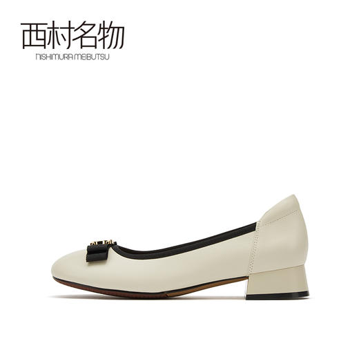 西村名物2021秋新款蝴蝶结单鞋女商城同款通勤粗跟休闲皮鞋33161 商品图1