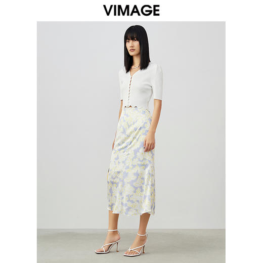 VIMAGE纬漫纪夏季新款印花小清新A字裙过膝半身裙女V1706314 商品图1