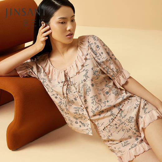 金三塔100%桑蚕丝美人鱼印花女士不易皱得真丝刺绣荷叶边衣裤套 YSFCB406 商品图0