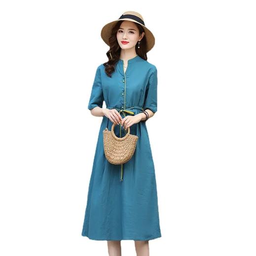 民族风棉麻中长款高档连衣裙女2022春夏新款收腰显瘦透气亚麻长裙 商品图4