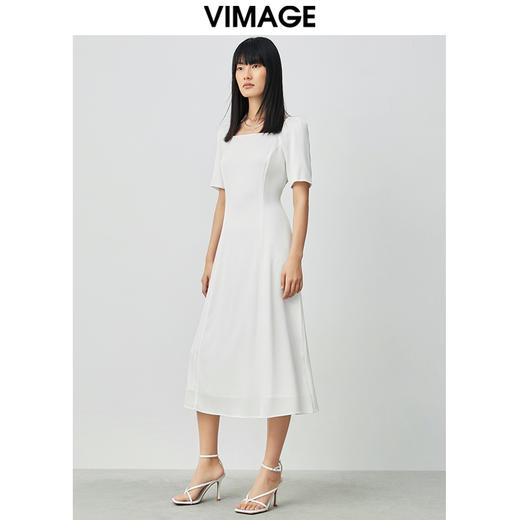 VIMAGE纬漫纪方领白色雪纺收腰长裙中长款连衣裙V1507165 商品图2