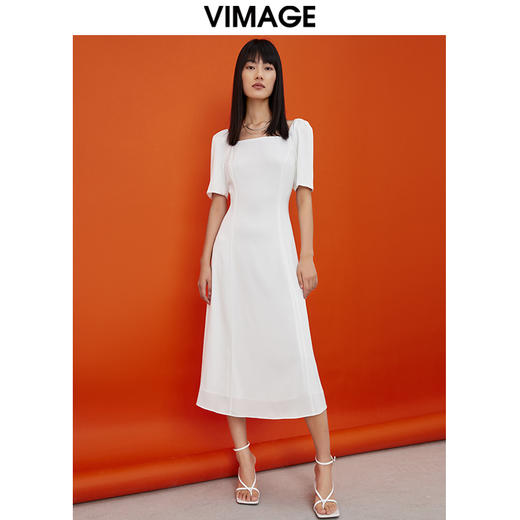 VIMAGE纬漫纪方领白色雪纺收腰长裙中长款连衣裙V1507165 商品图1