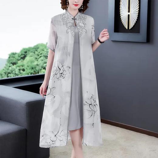 HT-N-E220-8071-2022春夏重工刺绣仿真丝桑蚕丝连衣裙假两件中长裙新款大码 商品图1