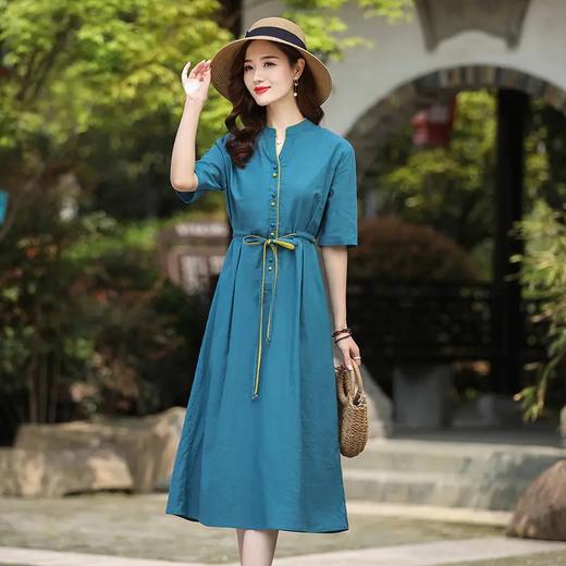 民族风棉麻中长款高档连衣裙女2022春夏新款收腰显瘦透气亚麻长裙 商品图1