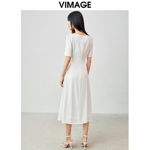 VIMAGE纬漫纪方领白色雪纺收腰长裙中长款连衣裙V1507165 商品图4