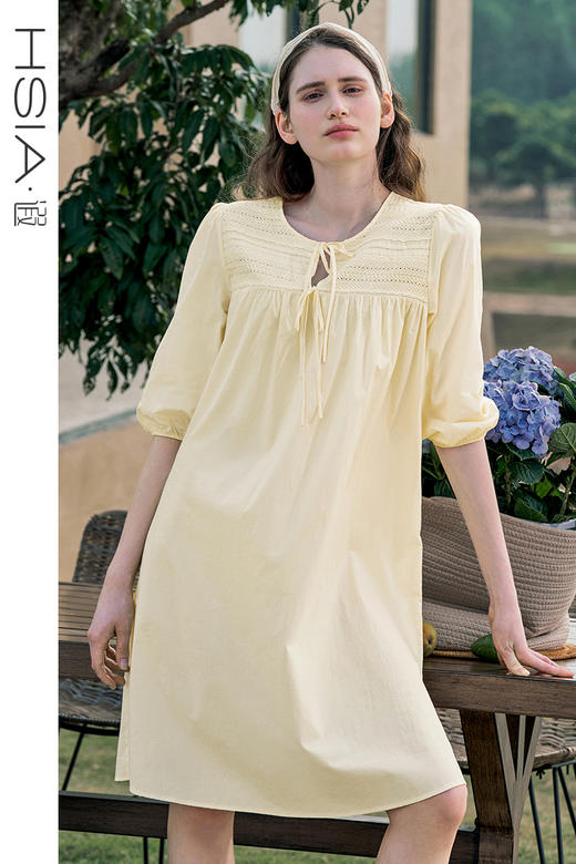 HSIA遐睡裙女春夏七分袖宽松睡衣田园小憩刺绣花边棉质透气家居裙 商品图5