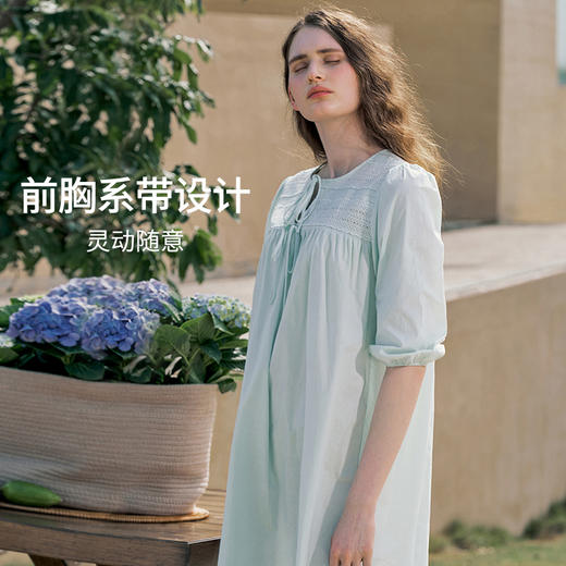 HSIA遐睡裙女春夏七分袖宽松睡衣田园小憩刺绣花边棉质透气家居裙 商品图3