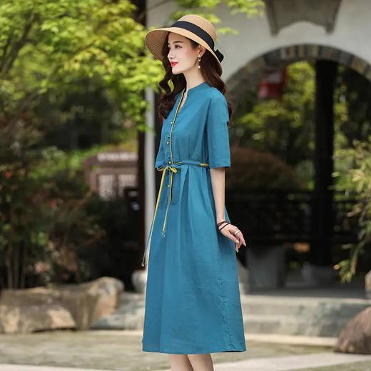 民族风棉麻中长款高档连衣裙女2022春夏新款收腰显瘦透气亚麻长裙 商品图2