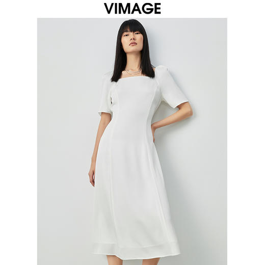 VIMAGE纬漫纪方领白色雪纺收腰长裙中长款连衣裙V1507165 商品图5