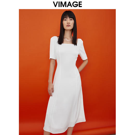 VIMAGE纬漫纪方领白色雪纺收腰长裙中长款连衣裙V1507165 商品图0