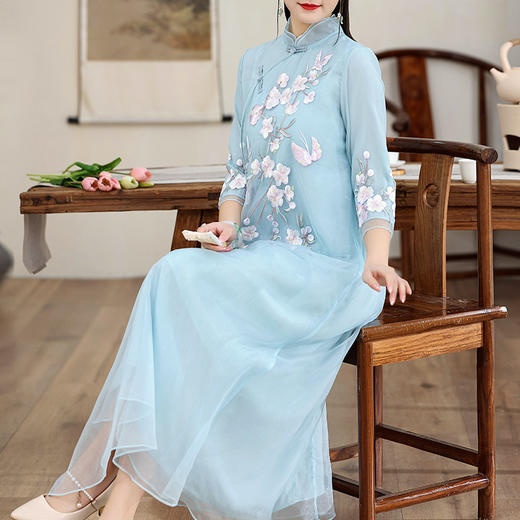改良式复古刺绣，中式禅意茶服春夏款宽松文艺中国风连衣裙OG-6331 商品图1