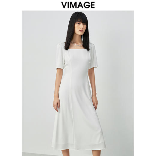 VIMAGE纬漫纪方领白色雪纺收腰长裙中长款连衣裙V1507165 商品图3