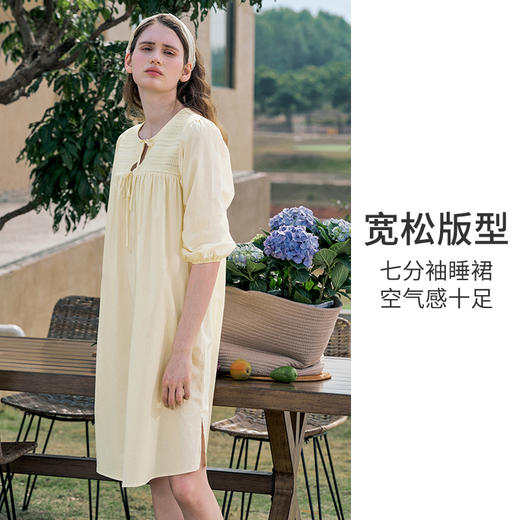HSIA遐睡裙女春夏七分袖宽松睡衣田园小憩刺绣花边棉质透气家居裙 商品图1