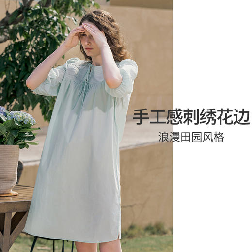 HSIA遐睡裙女春夏七分袖宽松睡衣田园小憩刺绣花边棉质透气家居裙 商品图2