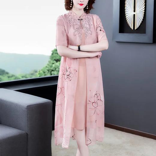 HT-N-E220-8071-2022春夏重工刺绣仿真丝桑蚕丝连衣裙假两件中长裙新款大码 商品图0