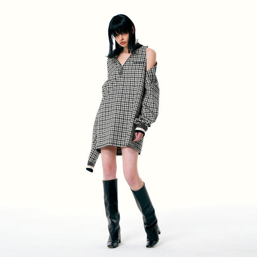   NUTH 可拆卸领多种穿法拉链格子POLO卫衣女时尚个性露肩上衣 商品图3