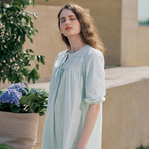 HSIA遐睡裙女春夏七分袖宽松睡衣田园小憩刺绣花边棉质透气家居裙 商品图6