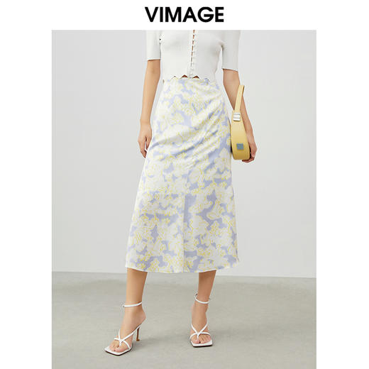 VIMAGE纬漫纪夏季新款印花小清新A字裙过膝半身裙女V1706314 商品图0