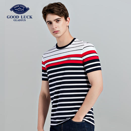 GOOD LUCK/德鲨弹力轻薄干爽舒适条纹圆领短袖T恤LY13526 商品图1